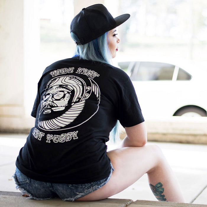 American Traditional tattoo flash Ride Fast Eat Pussy Biker Head T Shirt.
