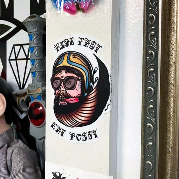 American traditional tattoo flash Ride Fast Biker Head watercolor sticker.