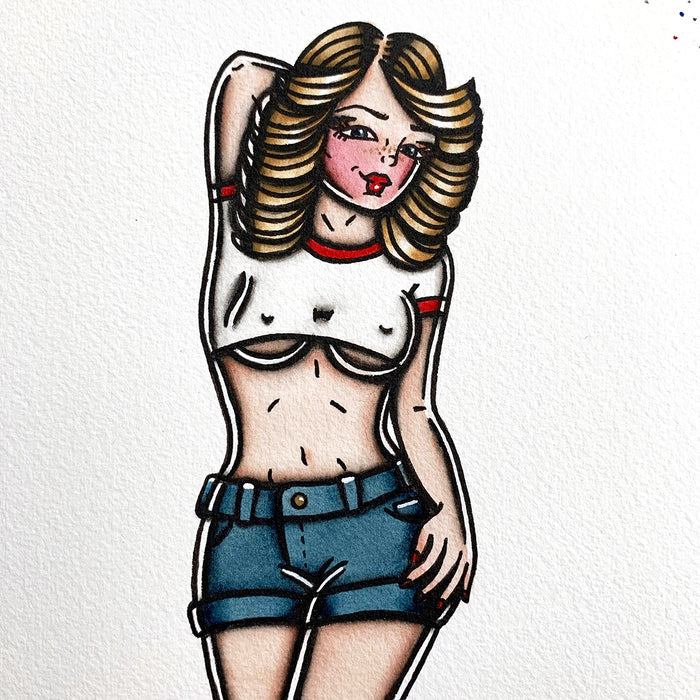 American Traditional tattoo flash sexy roller girl pinup spitshade painting.