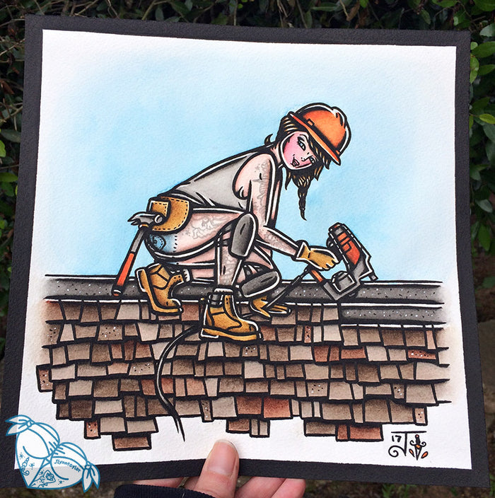 American Traditional tattoo flash working class Roofer Pinup watercolor painting.