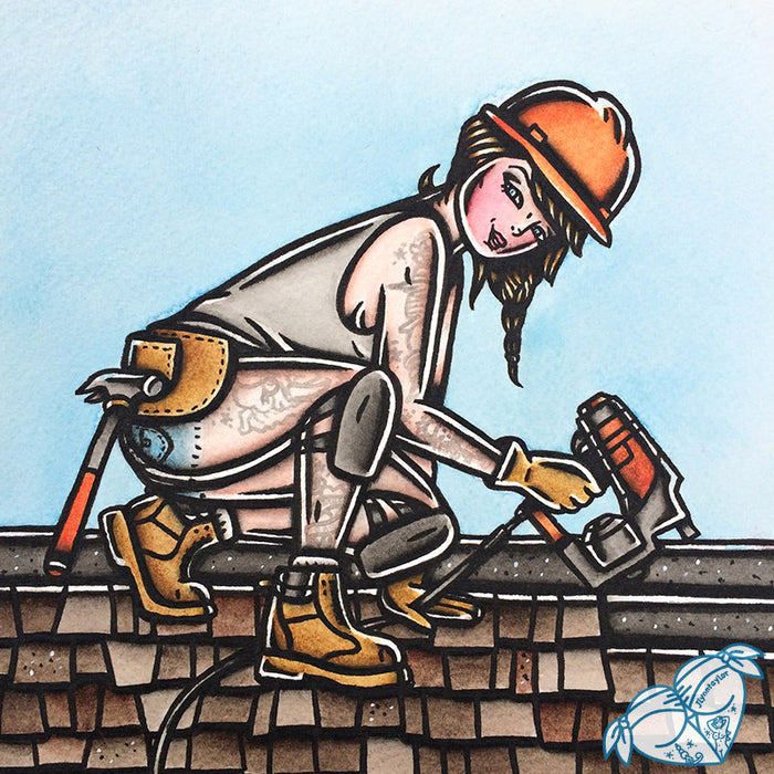 American Traditional tattoo flash working class Roofer Pinup watercolor painting.