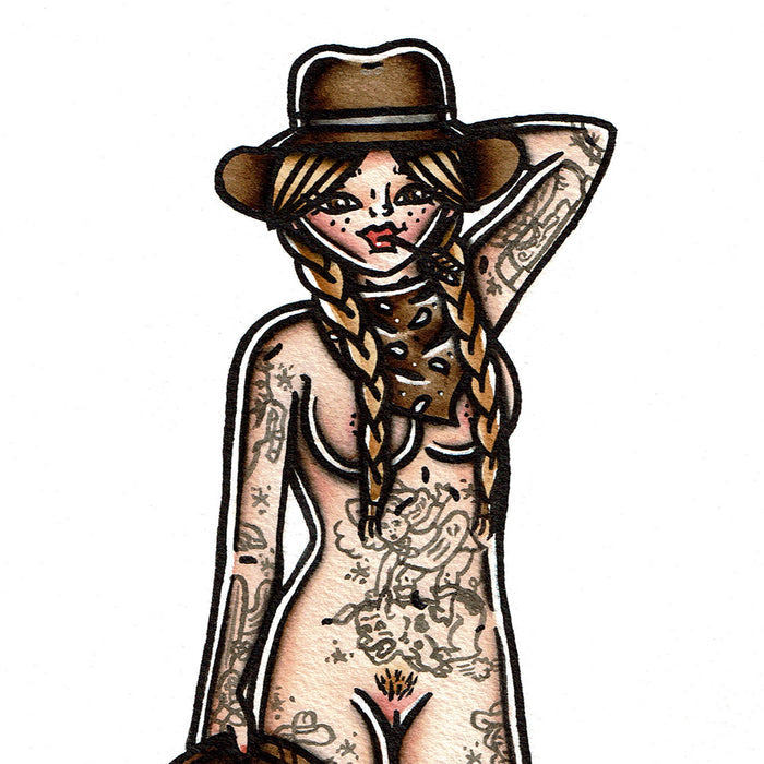 American traditional tattoo flash Nude Rope Cowgirl Pinup watercolor painting.