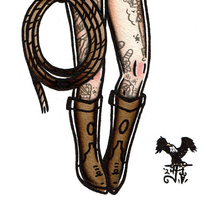 American traditional tattoo flash Nude Rope Cowgirl Pinup watercolor painting.