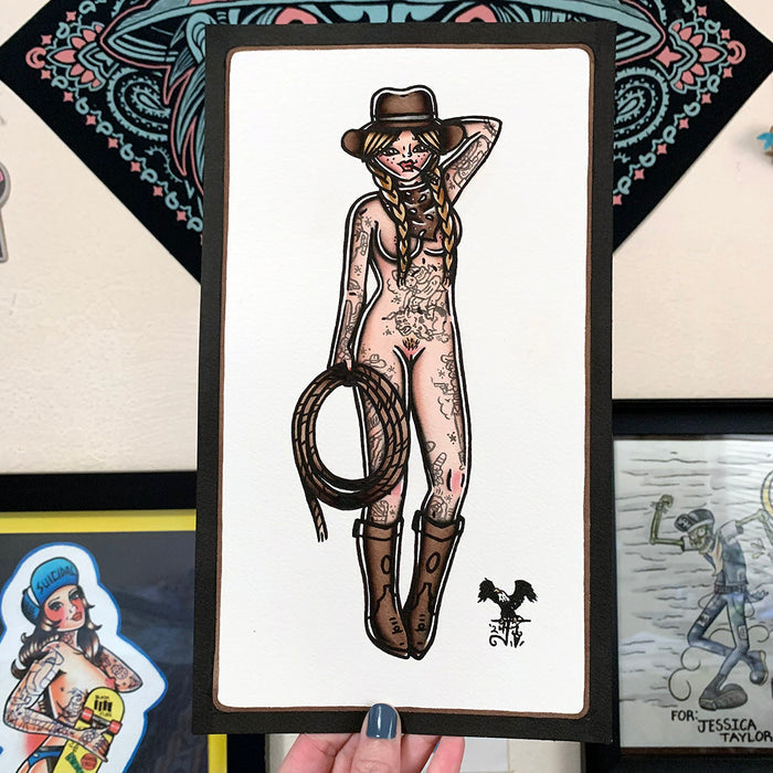 American traditional tattoo flash Nude Rope Cowgirl Pinup watercolor painting.