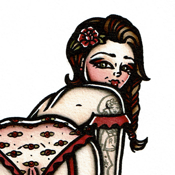 American traditional tattoo flash Naughty Rose Lingerie Pinup Watercolor Painting.