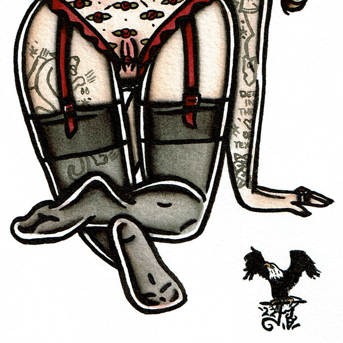 American traditional tattoo flash Naughty Rose Lingerie Pinup Watercolor Painting.