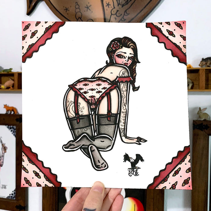 American traditional tattoo flash Naughty Rose Lingerie Pinup Watercolor Painting.