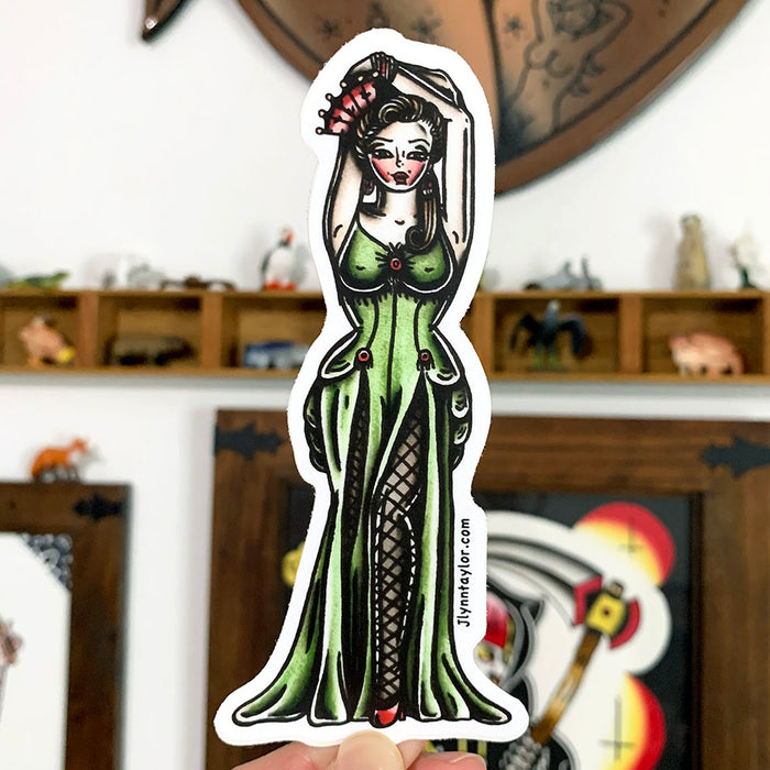 American Traditional tattoo flash Saloon Girl Pinup watercolor sticker.