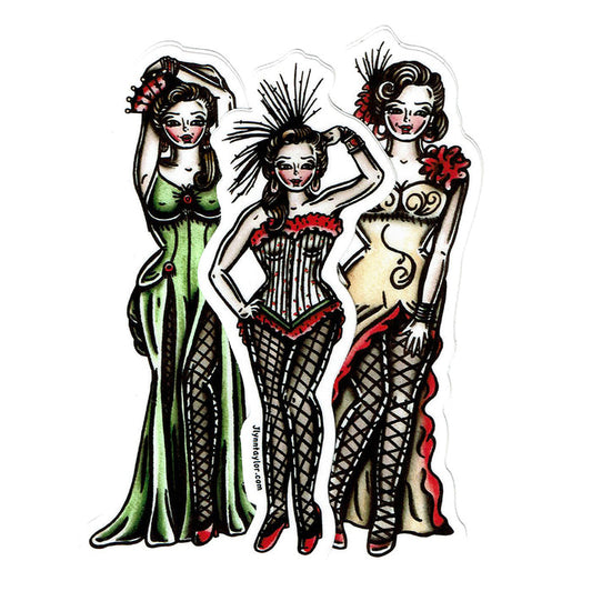 American traditional tattoo flash Saloon Girl Pinup watercolor sticker set.