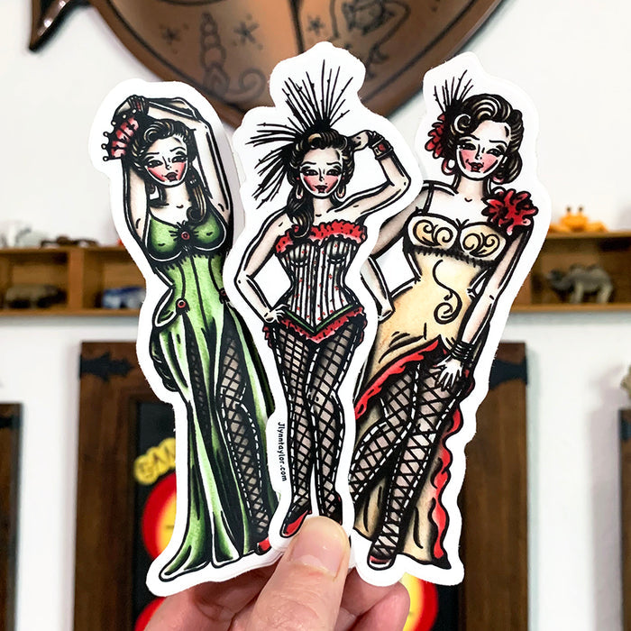 American traditional tattoo flash Saloon Girl Pinup watercolor sticker set.