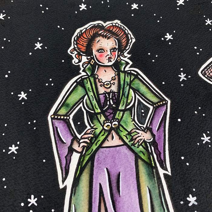 American Traditional Tattoo Flash Hocus Pocus Sanderson Sisters pinup watercolor painting.