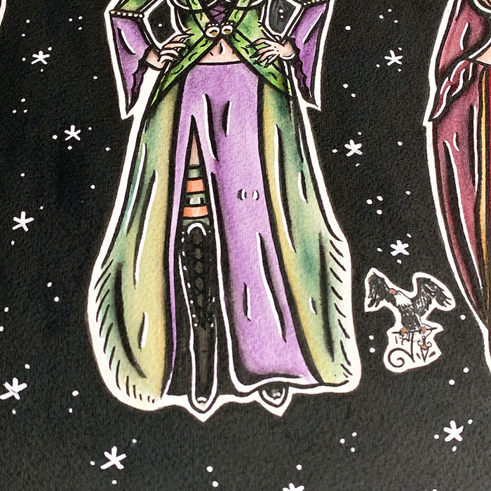 American Traditional Tattoo Flash Hocus Pocus Sanderson Sisters pinup watercolor painting.