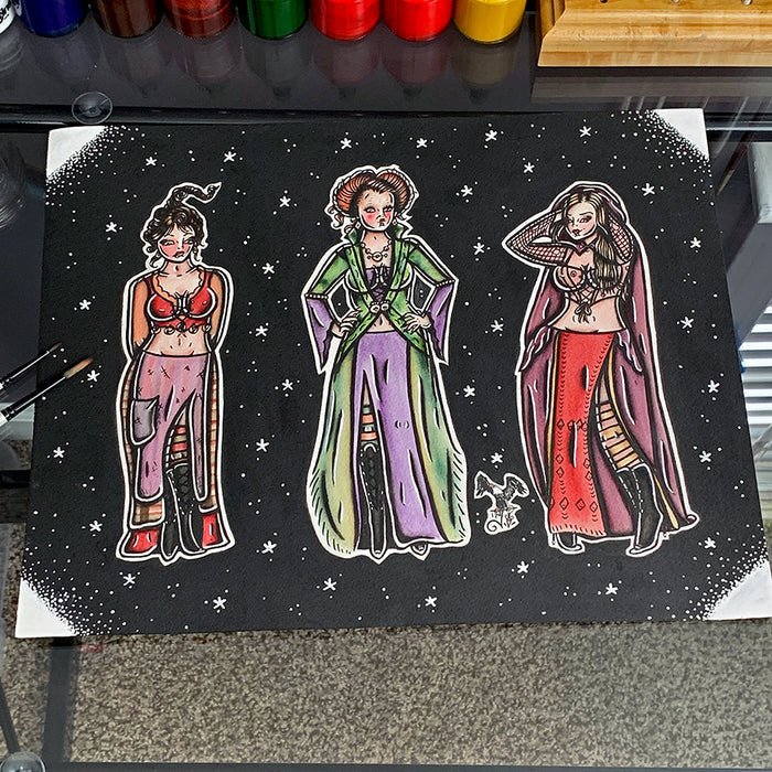 American Traditional Tattoo Flash Hocus Pocus Sanderson Sisters pinup painting.