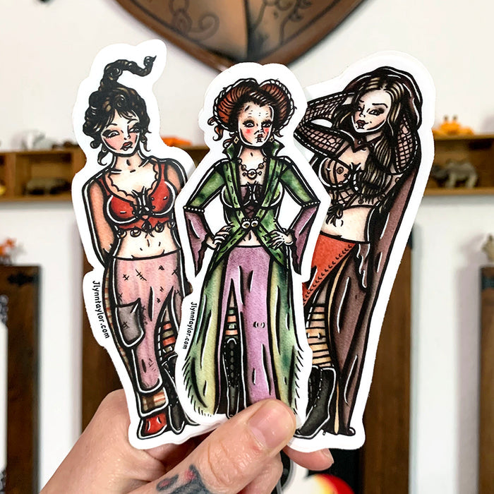 American traditional tattoo flash Sanderson Sisters Pinup watercolor Sticker Set.