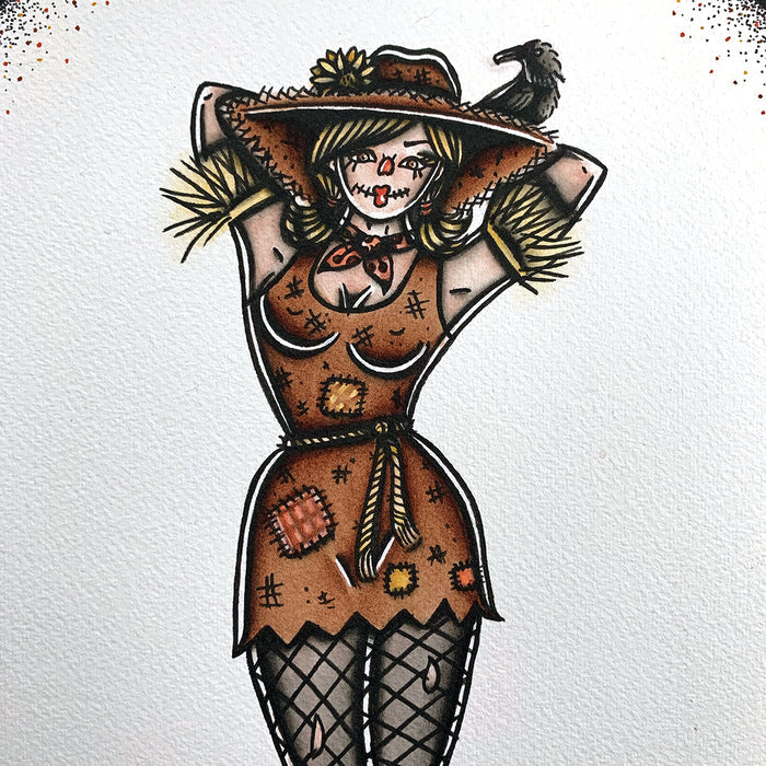 American Traditional tattoo flash Scarecrow Pinup watercolor painting.