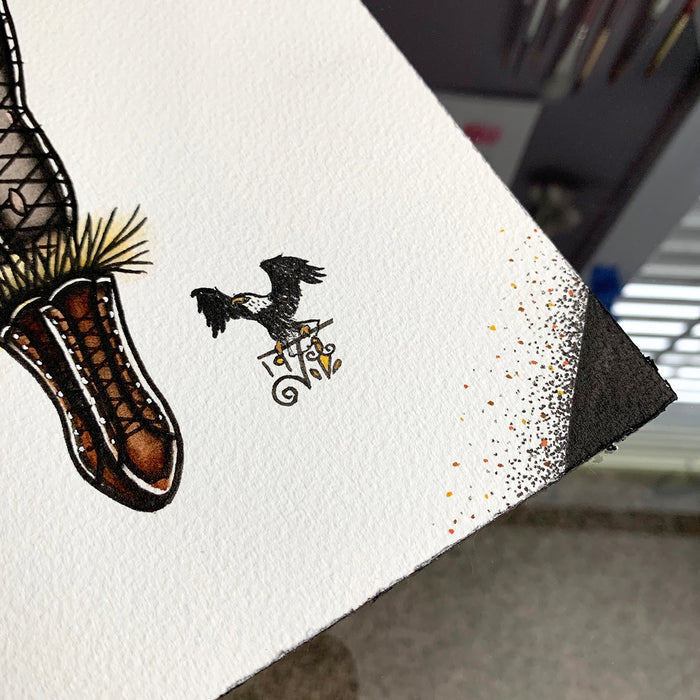 American Traditional tattoo flash Scarecrow Pinup watercolor painting.