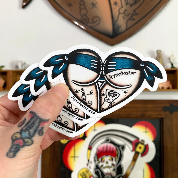 American Traditional tattoo flash Blue Scrunch Butt Booty Heart watercolor sticker.