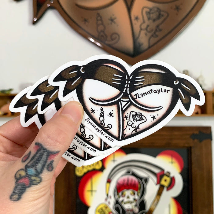 American Traditional tattoo flash Brown Scrunch Butt Booty Heart watercolor sticker.