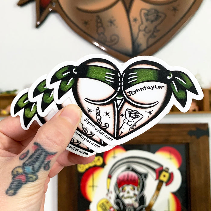 American Traditional tattoo flash Green Scrunch Butt Booty Heart watercolor sticker.