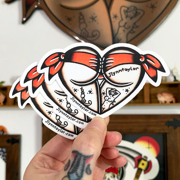 American Traditional tattoo flash Orange Scrunch Butt Booty Heart watercolor sticker.