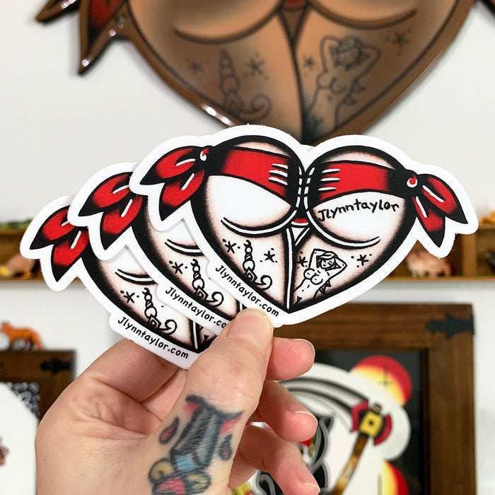 American Traditional tattoo flash Red Scrunch Butt Booty Heart watercolor sticker.