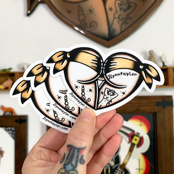 American Traditional tattoo flash Yellow Scrunch Butt Booty Heart watercolor sticker.