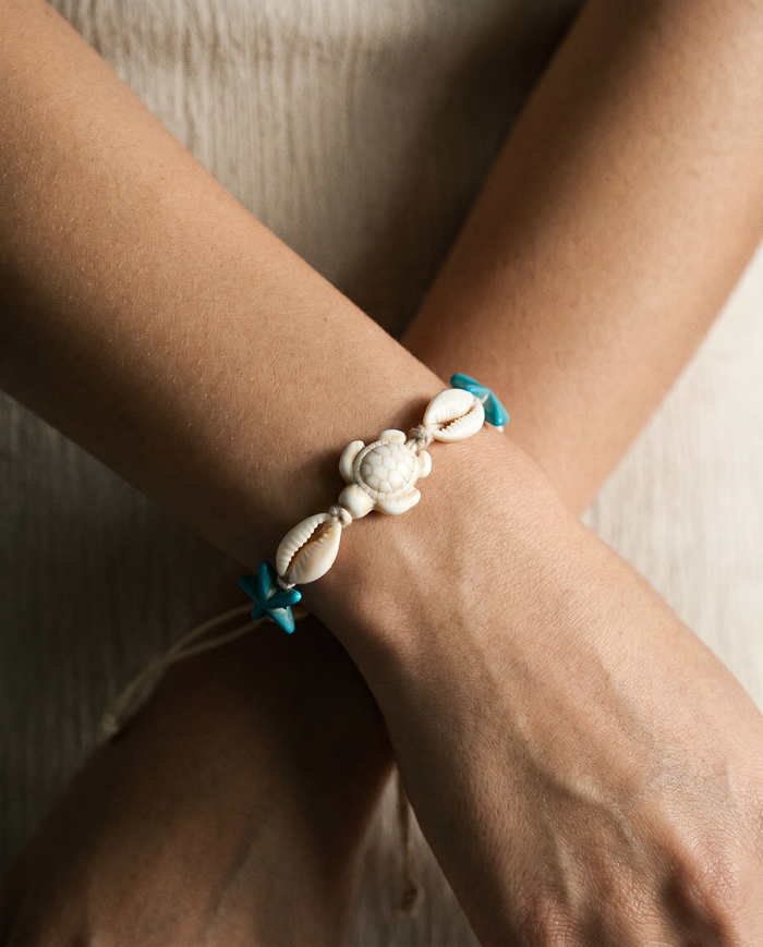 Sea Life Bone and Turquoise  Adjustable Bracelet - Close-Up 1
