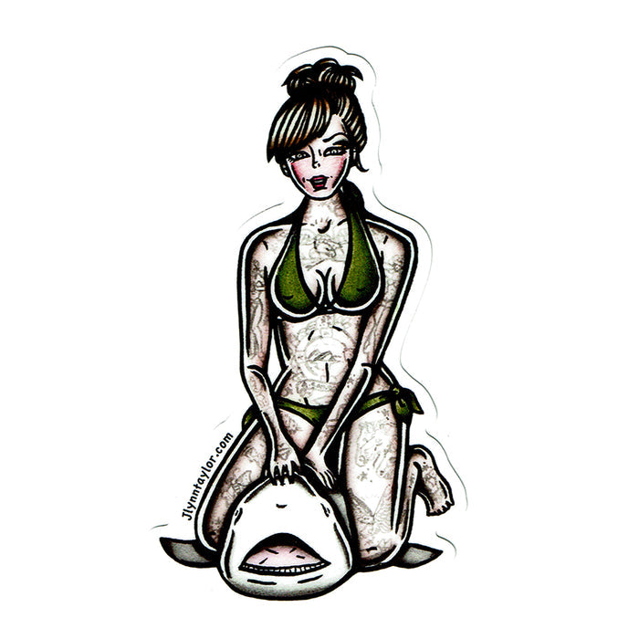 American traditional tattoo flash Shark Fishing Pinup watercolor sticker.