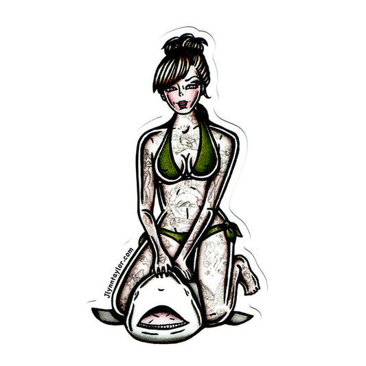 American traditional tattoo flash Shark Fishing Pinup watercolor sticker.
