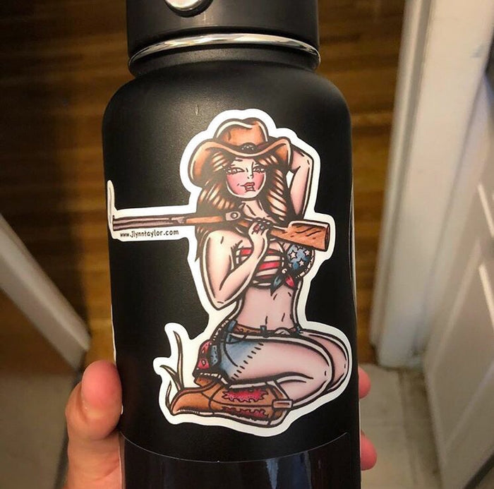 American traditional tattoo flash Sharpshooter Rifle Pinup watercolor sticker.