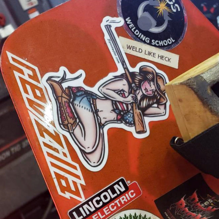 American traditional tattoo flash Sharpshooter Rifle Pinup watercolor sticker.