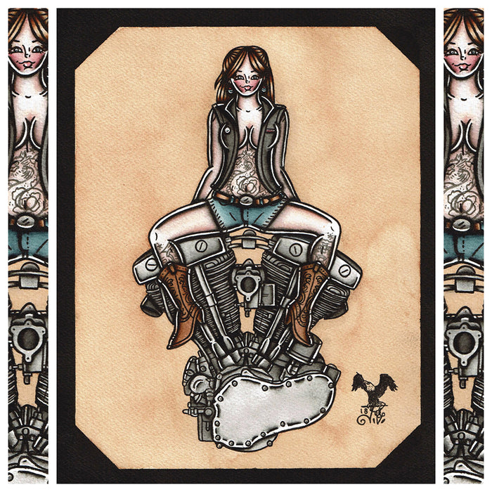American Traditional tattoo flash sexy Harley-Davidson Shovelhead engine pinup spitshade painting.