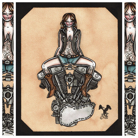 American Traditional tattoo flash sexy Harley-Davidson Shovelhead engine pinup spitshade painting.