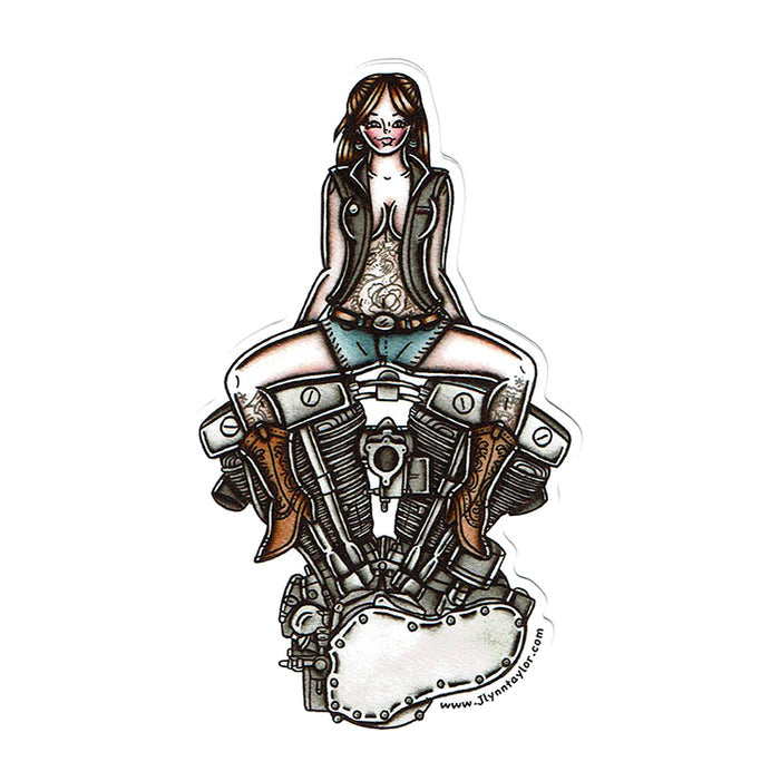 American Traditional tattoo flash illustration Harley Motorcycle Shovelhead Engine Pinup watercolor sticker.
