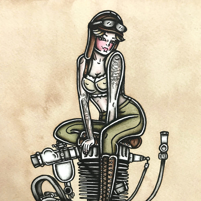 American Traditional tattoo flash sexy Harley Davidson single cylinder engine pinup spitshade painting.