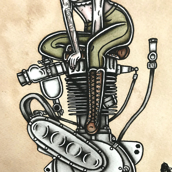 American Traditional tattoo flash sexy Harley Davidson single cylinder engine pinup spitshade painting.