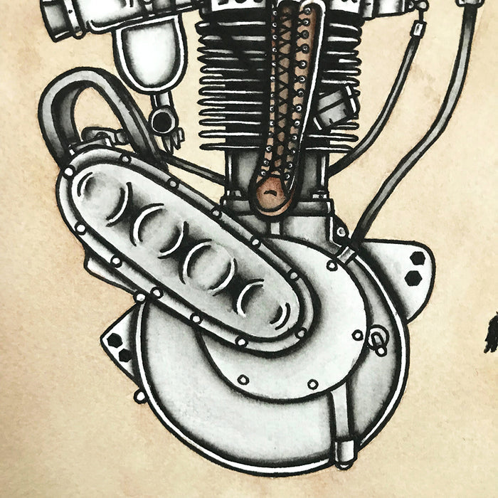 American Traditional tattoo flash sexy Harley Davidson single cylinder engine pinup spitshade painting.