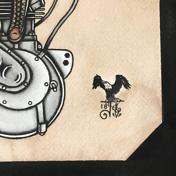 American Traditional tattoo flash sexy Harley Davidson single cylinder engine pinup spitshade painting.