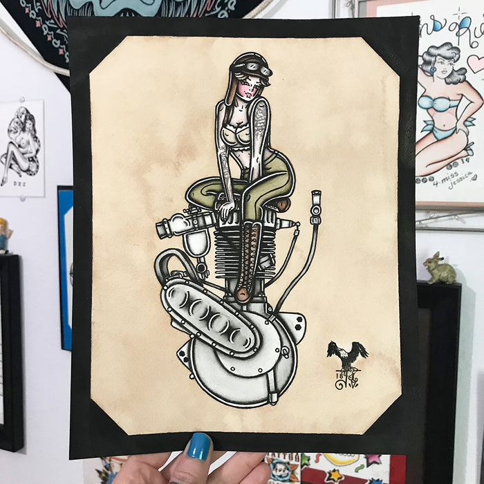 American Traditional tattoo flash sexy Harley Davidson single cylinder engine pinup spitshade painting.