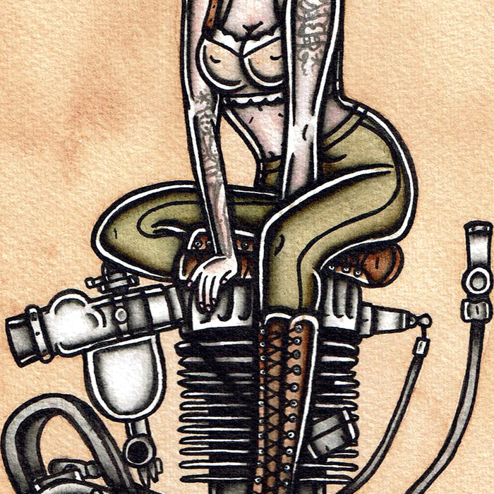 American traditional tattoo flash single cylinder motorcycle engine pinup print.