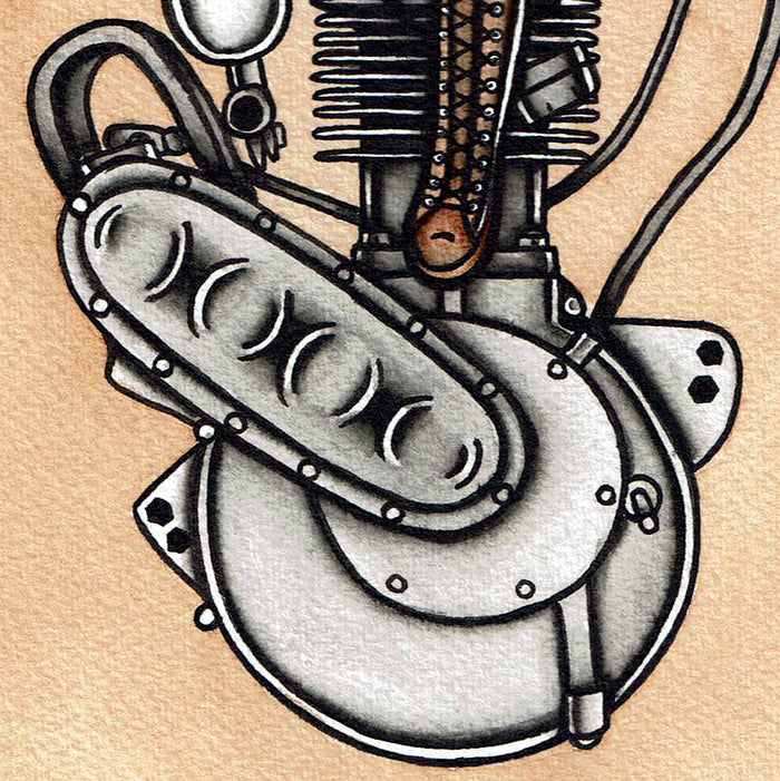 American traditional tattoo flash single cylinder motorcycle engine pinup print.