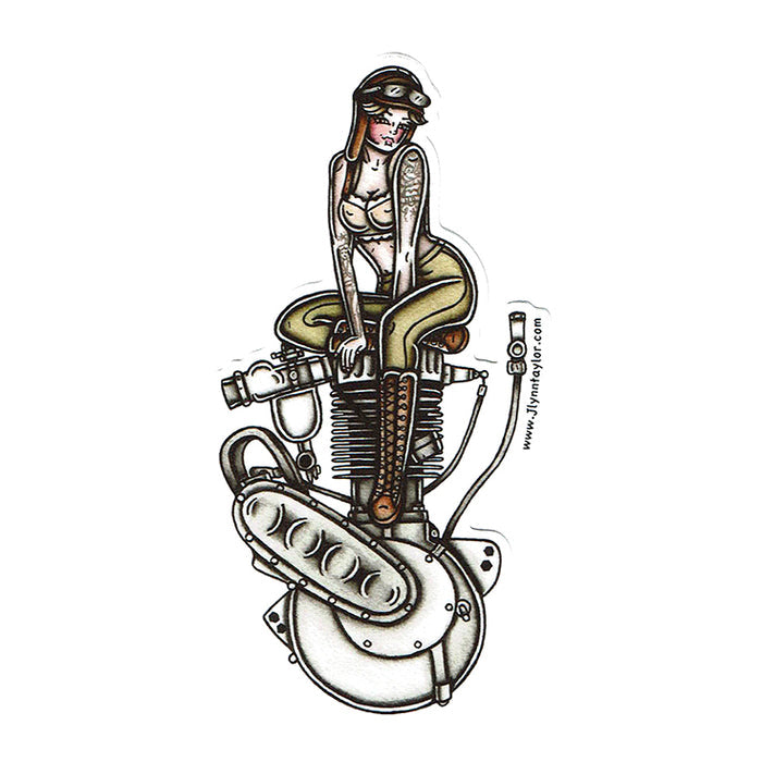 American traditional tattoo flash Harley Motorcycle Single Cylinder Engine Pinup watercolor sticker.