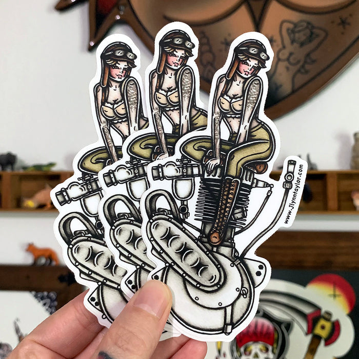 American traditional tattoo flash Harley Motorcycle Single Cylinder Engine Pinup watercolor sticker.
