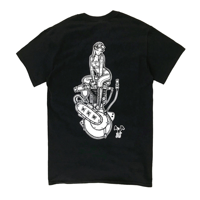 Tattoo style Harley single cylinder engine pinup tee shirt.