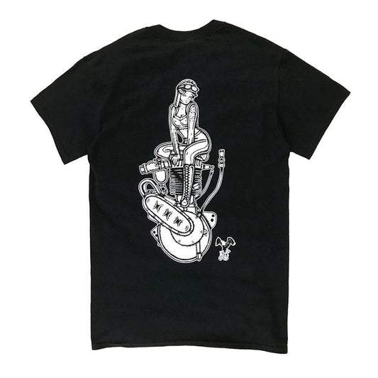 Tattoo style Harley single cylinder engine pinup tee shirt.