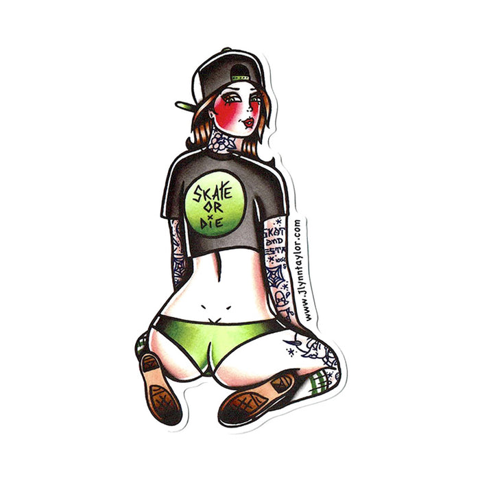 American traditional tattoo flash illustration skateboard pinup watercolor sticker.