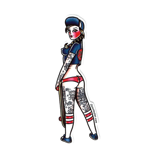American traditional tattoo flash Santa Cruz Skateboard Pinup watercolor sticker.