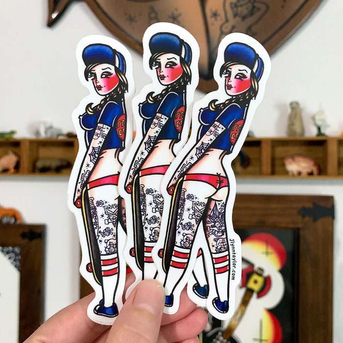 American traditional tattoo flash Santa Cruz Skateboard Pinup watercolor sticker.