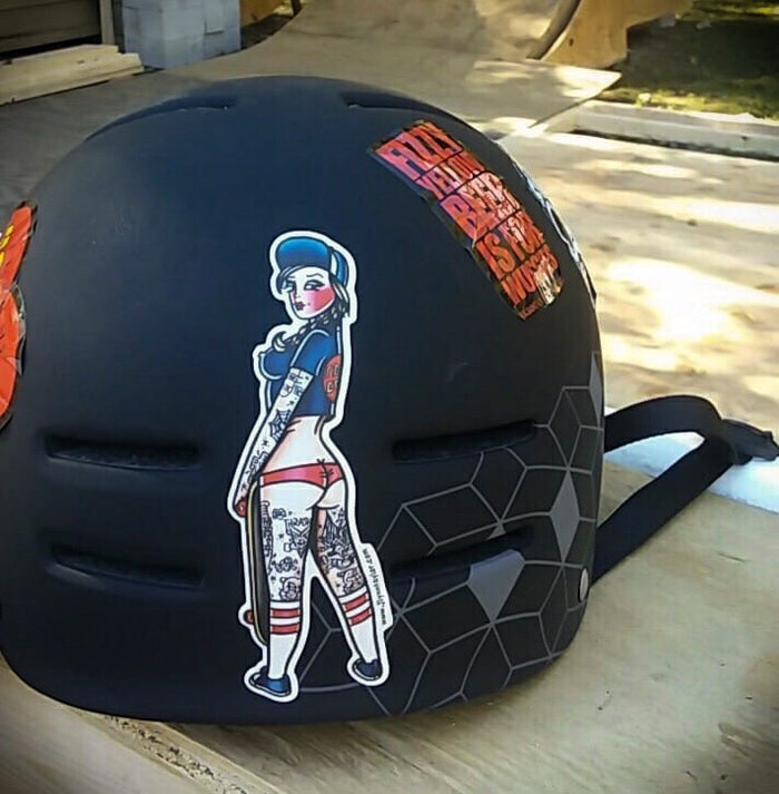 American traditional tattoo flash Santa Cruz Skateboard Pinup watercolor sticker.