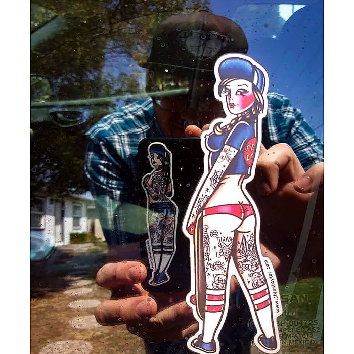American traditional tattoo flash Santa Cruz Skateboard Pinup watercolor sticker.
